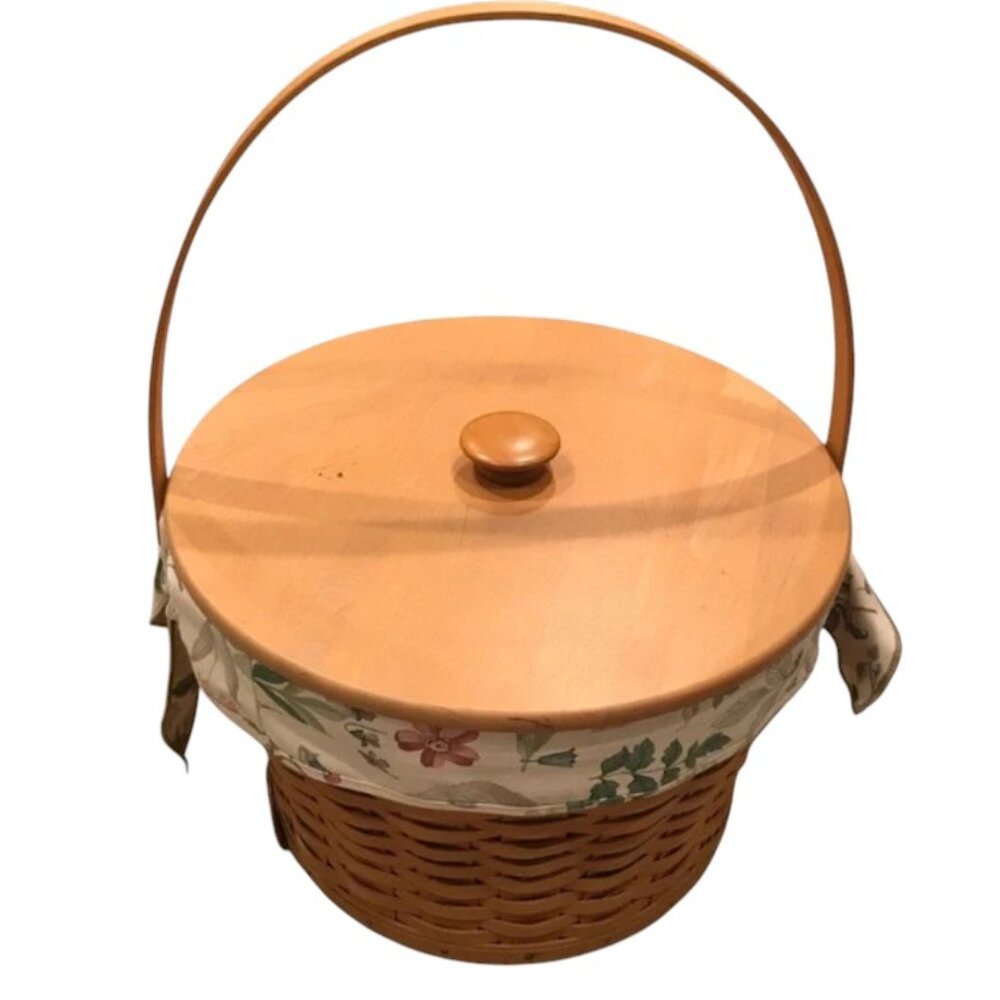 Longaberger Large Round Brown Basket with Floral Liner and Lid Three Tier